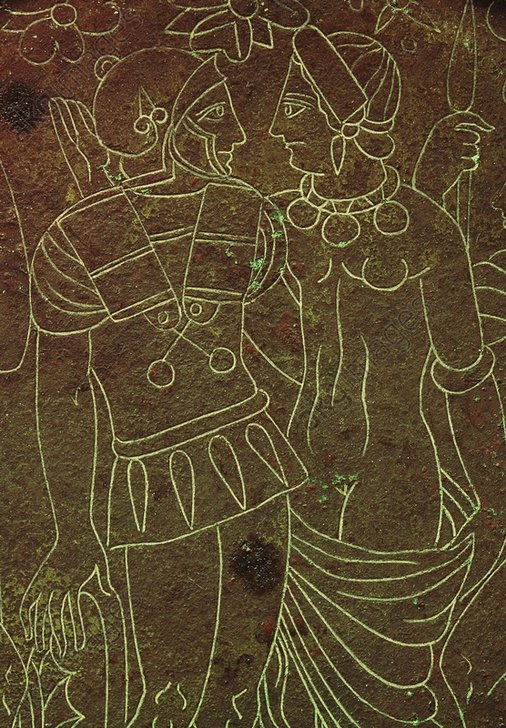 Helena u. Menelaos / etrusk.Bronzespieg. - Helen and Menelaos / Bronze Mirror - Hélène/ Ménélas/ Miroir étrusque, bronze